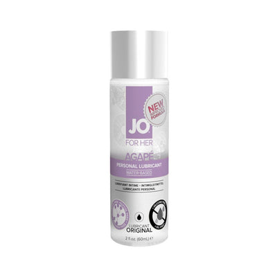 Bottle of JO Agape Original water-based personal lubricant for women with purple and white label, 2 fl oz size.