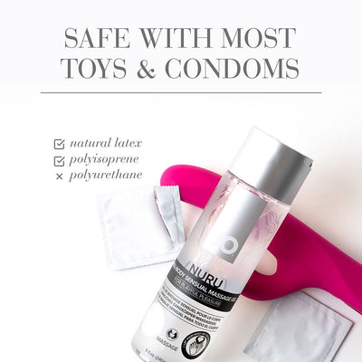 Jo Nuru Full Body Massage Gel bottle with two condoms and a pink curved adult toy on a white background.