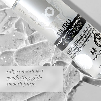 Close-up of Jo Nuru Full Body Massage Gel bottle on a textured surface with text highlighting silky-smooth feel and comforting glide.
