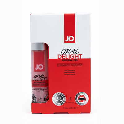 Jo Oral Delight Strawberry Sensation arousal gel 1oz in red and white packaging with product bottle visible.