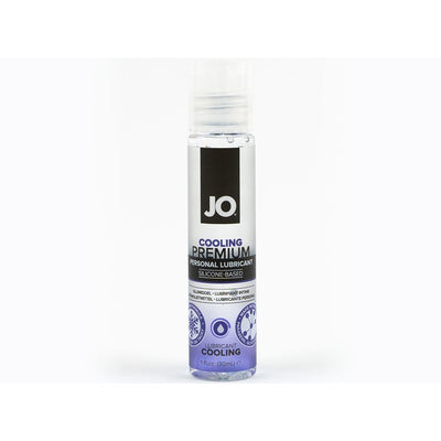 Jo Premium Cool Silicone Lubricant in a clear 1 fl oz bottle with black and purple label on white background