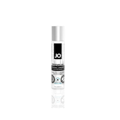 Bottle of Jo Premium Cool Silicone-Based Personal Lubricant with black and white label on white background.