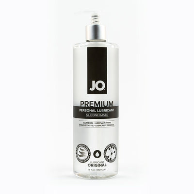 Jo Premium Silicone-Based Personal Lubricant in a clear 16 fl oz pump bottle with black and white label design.