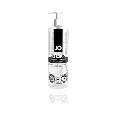Clear pump bottle of Jo Premium silicone-based personal lubricant with black and white label design