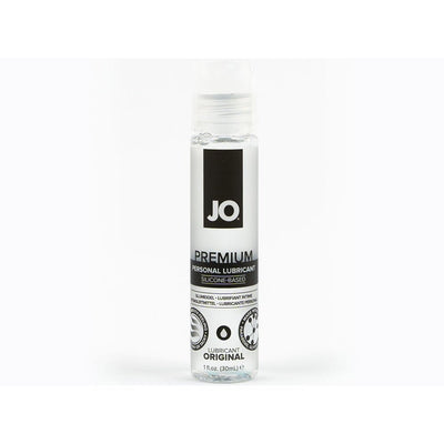 Clear 1oz bottle of JO Premium silicone-based personal lubricant with black and white label on white background