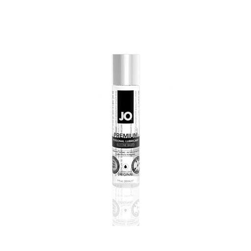 Bottle of Jo Premium Silicone-Based Personal Lubricant with clear packaging and black and white label on white background.