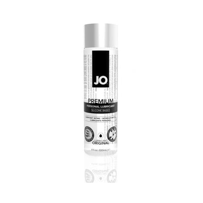 Bottle of JO Premium Silicone-Based Personal Lubricant with black and white label on a white background.