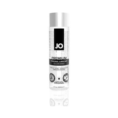 Bottle of Jo Premium silicone-based personal lubricant with black and white label, 4 fl oz size.