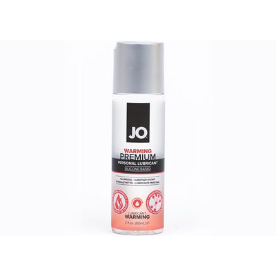 Bottle of Jo Premium Warming Silicone-Based Personal Lubricant with silver cap and red gradient label accents.