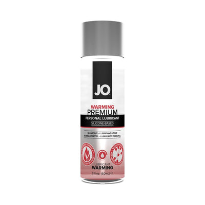 Bottle of Jo Premium Warming Silicone-Based Personal Lubricant with silver cap and red accents, 2 fl oz size.