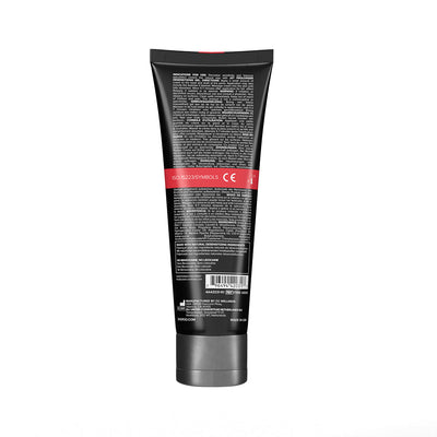 Back view of Jo Prolonger Gel tube for him showing product details and ingredients on black packaging with red accent.