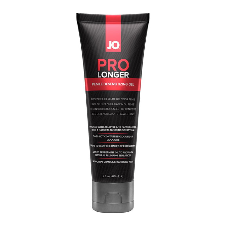 Tube of JO Prolonger Gel for Him 2 fl oz with black and red packaging, designed for penile desensitizing and prolonging pleasure.