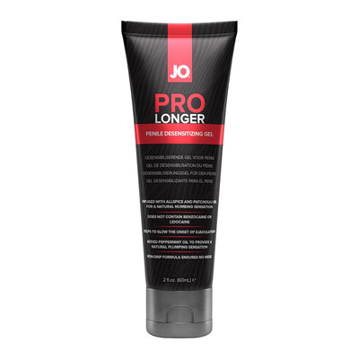 Tube of JO Prolonger Gel for Him 2 fl oz with black and red packaging, designed for penile desensitizing and prolonging pleasure.