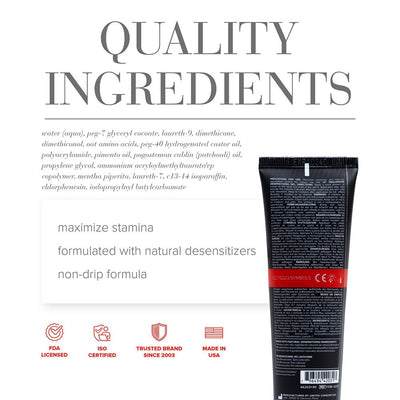 Back view of Jo Prolonger Gel tube with ingredient list and product benefits like maximize stamina and natural desensitizers.