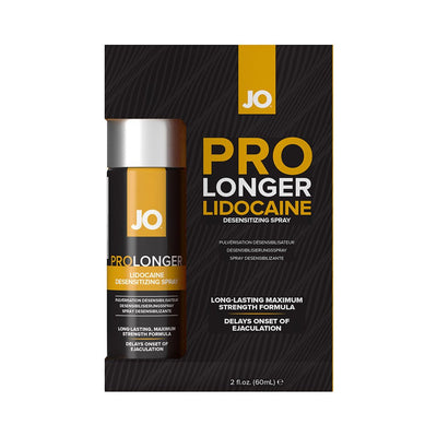 Jo Prolonger Lidocaine desensitizing spray for men in 2 fl oz black and yellow packaging.