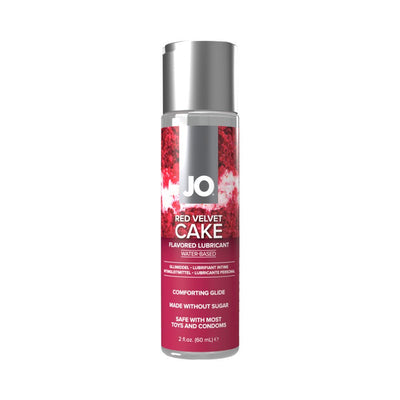 Bottle of Jo Red Velvet Cake flavored water-based lubricant with silver cap and red label detailing product features.