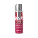 Bottle of Jo Red Velvet Cake flavored water-based lubricant with silver cap and red label detailing product features.