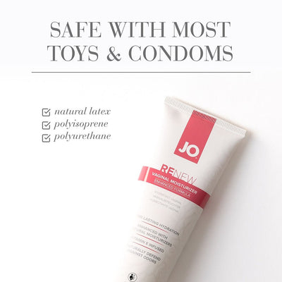 Tube of JO Renew Vaginal Moisturizer with text highlighting compatibility with most toys and condoms including latex, polyisoprene, and polyurethane.