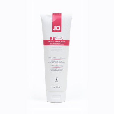 Tube of JO Renew Vaginal Moisturizer with enhanced formula for long-lasting hydration and natural moisturizers, 4oz size.