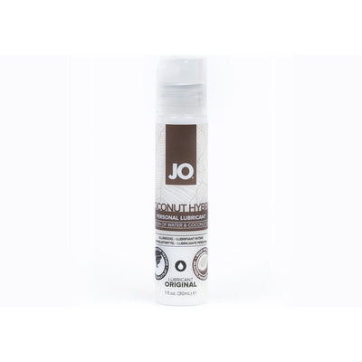 Bottle of Jo Silicone Free Hybrid Coconut Lubricant 1oz with clear cap and white label on white background.