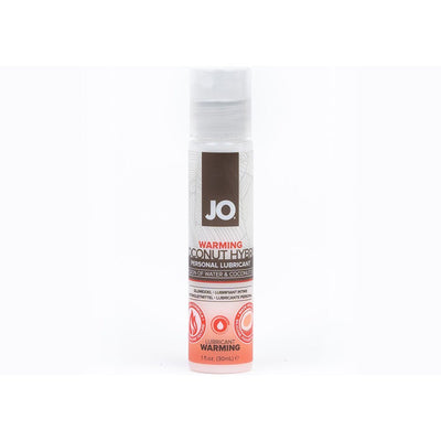 Bottle of Jo Silicone Free Hybrid Coconut Warming Personal Lubricant with water and coconut blend, 1 fl oz size.
