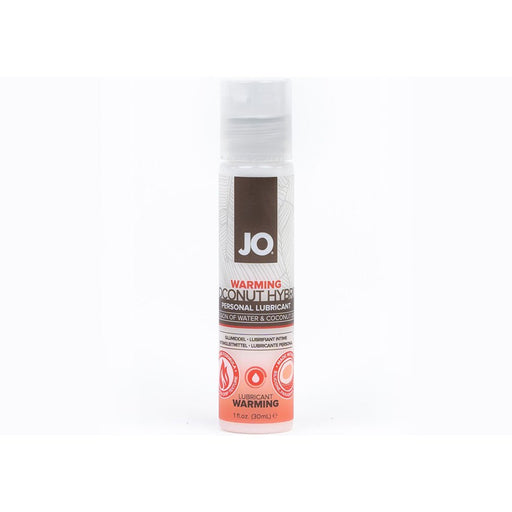 Bottle of Jo Silicone Free Hybrid Coconut Warming Personal Lubricant with water and coconut blend, 1 fl oz size.