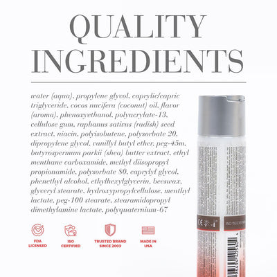 Back view of Jo Silicone Free Hybrid Lubricant Coconut Warming bottle with detailed ingredient list and certification icons.