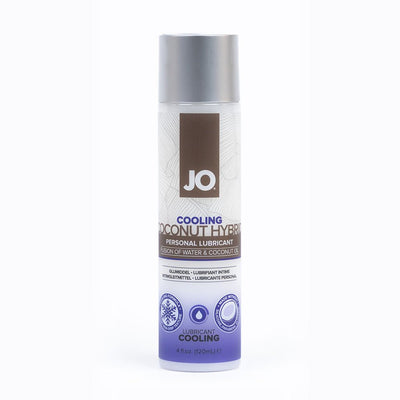 Bottle of Jo Cooling Coconut Hybrid personal lubricant with silver cap and blue gradient label design