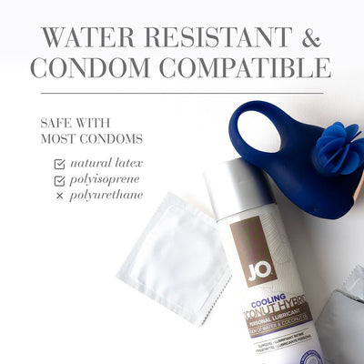 Jo Cooling Coconut Hybrid personal lubricant bottle with condom and blue silicone ring, highlighting water resistance and condom compatibility.