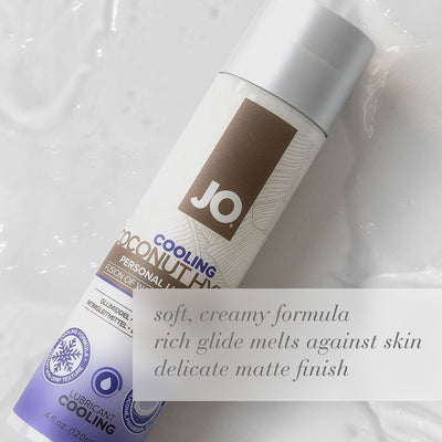 Bottle of Jo Silicone Free Hybrid Coconut Cooling Lubricant with soft creamy formula and matte finish on a light background.