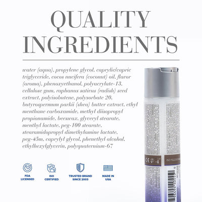 Back view of Jo Silicone Free Hybrid Lubricant bottle with detailed ingredient list and quality certification icons.