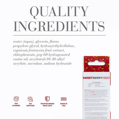 Ingredients list and product packaging of Jo Sweet Berry Heat stimulant gel with quality and certification icons.