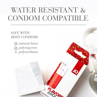 Jo Sweet Berry Heat stimulant gel packaging with condom packet, highlighting water resistance and condom compatibility.