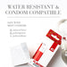 Jo Sweet Berry Heat stimulant gel packaging with condom packet, highlighting water resistance and condom compatibility.