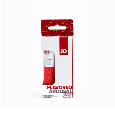 Jo Sweet Berry Heat flavored arousal gel in 0.34 fl oz tube with red and white packaging featuring berry design.