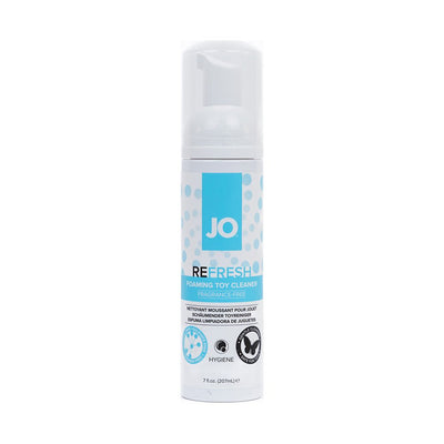 Bottle of JO Refresh unscented foaming toy cleaner with blue and white label, 7 fl oz size, for gentle and safe cleaning.