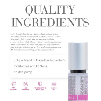 Bottle of JO Vaginal Tightening Serum with text highlighting quality ingredients and key product features.