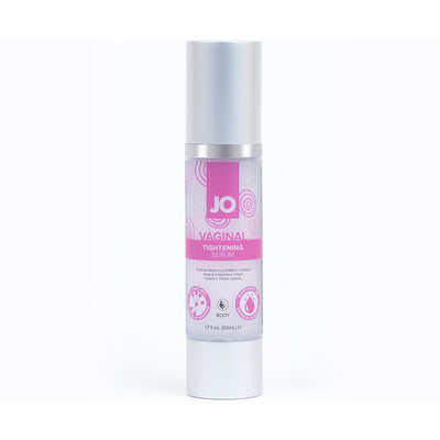 Bottle of JO Vaginal Tightening Serum 50 mL with pink and white label and silver pump dispenser on white background.