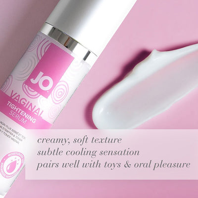 Bottle of JO Vaginal Tightening Serum with creamy white product swatch on pink background and text highlighting its soft texture and cooling sensation.