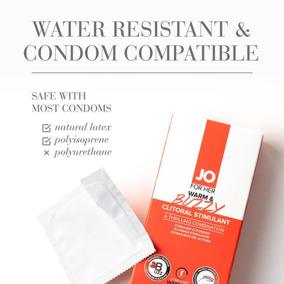 Jo Warm & Buzzy clitoral stimulant packaging with condom compatibility information and a single condom packet.