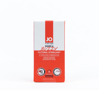 Jo Warm & Buzzy clitoral stimulant in red and white packaging, 0.34 fl oz water-based topical cream.
