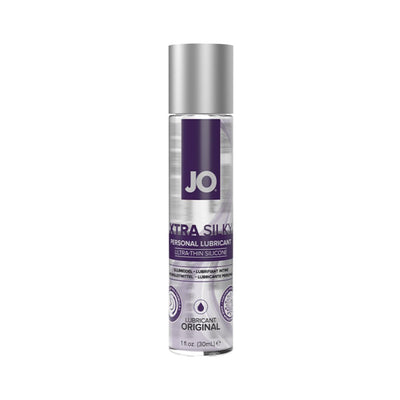 Bottle of JO Xtra Silky ultra-thin silicone personal lubricant with silver cap and purple label.