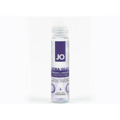 Bottle of JO Xtra Silky ultra-thin silicone personal lubricant, 1 fl oz clear packaging with purple label.