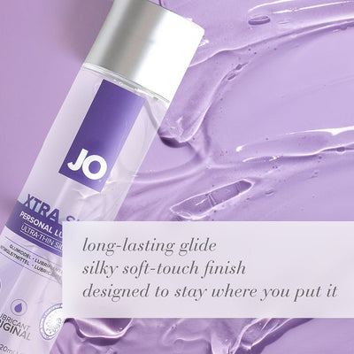 Bottle of JO Xtra Silky silicone-based personal lubricant on a purple background with clear gel texture and product benefits text.