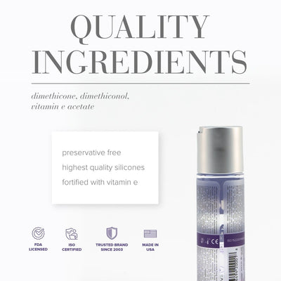 Bottle of Jo Xtra Silky silicone lubricant with text highlighting preservative-free formula, vitamin E, and quality silicone ingredients.