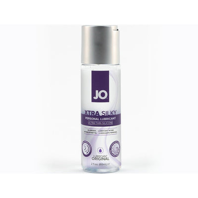 Bottle of JO Xtra Silky ultra-thin silicone personal lubricant with silver cap and purple label, 2 fl oz size.