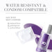 Bottle of JO Xtra Silky silicone lubricant with a condom and purple curved adult toy, highlighting water resistance and condom compatibility.