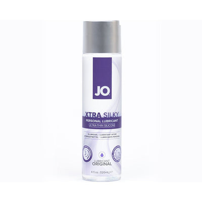 Bottle of JO Xtra Silky ultra-thin silicone personal lubricant with silver cap and purple label, 4 fl oz size.