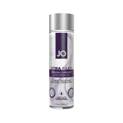 Bottle of JO Xtra Silky ultra-thin silicone personal lubricant with silver cap and purple label, 4 fl oz size.