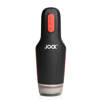 Black and red Jock 15x sucking and vibrating masturbator with control buttons and ergonomic grip.